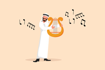Business design drawing Arabian male musician playing lyre. Classical music orchestra man artist with music instrument. Professional musician performs on stage. Flat cartoon style vector illustration
