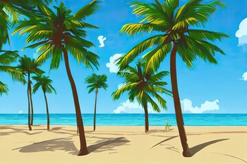 Obraz na płótnie Canvas Tropical paradise island sandy beach, palm trees and sea. Flat cartoon illustration Hawaii, caribbean island vacation, hot summer day