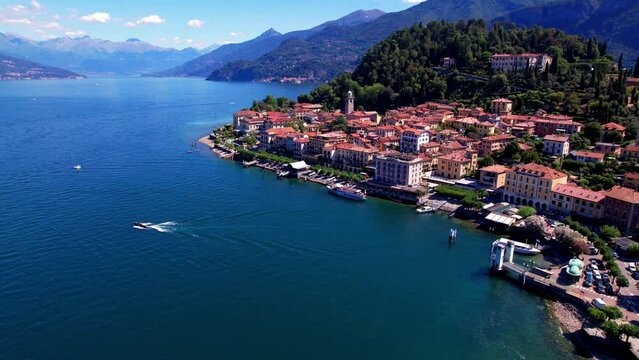 One of the most beautiful lakes of Italy - Lago di Como. aerial drone video of beautiful Bellagio town, popular tourist attraction