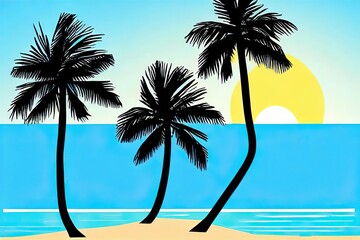 Plakat Tropical paradise island sandy beach, palm trees and sea. Flat cartoon illustration Hawaii, caribbean island vacation, hot summer day