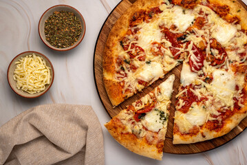 Food photography of pizza, cheese, mozzarella, parmesan,  cheddar