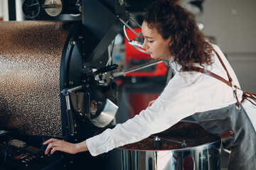 Plakat Coffee roaster machine and barista woman control coffee roasting process.