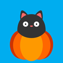 The cat looks out of the pumpkin. Flat vector illustration. Halloween illustration