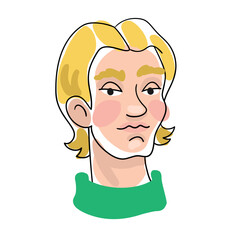 Portrait of a beautiful young man. Line style with colored spots. Isolated on white background. Vector flat illustration