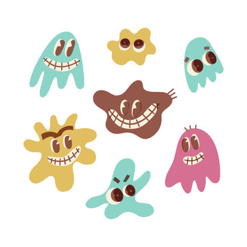 Cute retro-style ghost Halloween set. Cute small poltergeists, souls with creepy smiles. Vector isolated collection.