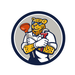 Leopard Plumber Wrench Plunger Circle Retro