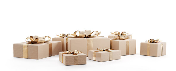 parcel packages or brown colored styled gifts, presents golden colored wrapped boxes 3d-illustration