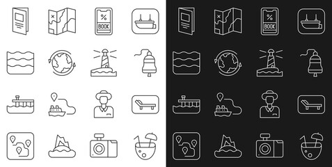 Set line Coconut cocktail, Sunbed and umbrella, Ship bell, Cruise ticket, Worldwide, Wave, Brochure and Lighthouse icon. Vector