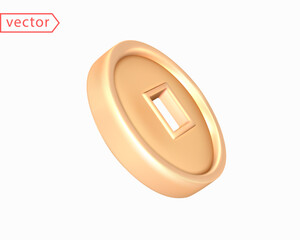 Ancient old gold coin of China with a square hole is turned to the right. Chinese traditional decoration. Realistic 3D mocap design element. The object is isolated on a white background. Vector object