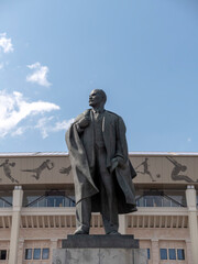 Moscow, Russia - May 06, 2020: Lenin statue outside the Russian national arena. Luzhniki Stadium