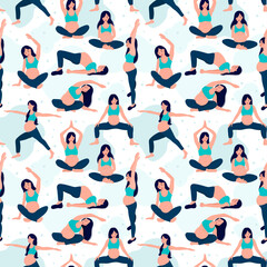 Pregnant woman doing yoga seamless vector pattern