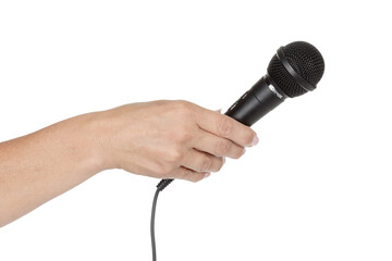 A woman's hand holding a microphone.