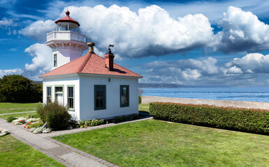 Mukilteo lighthouse in Washington state during bright summer day