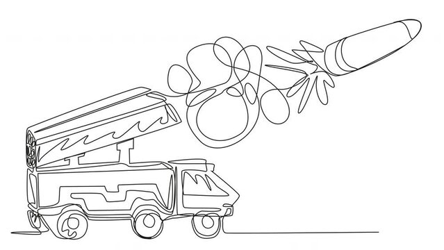 Self-drawing of green MLRS in single line on a white screen. The concept of a long-range military system. Minimalistic animation of the shot from Himars.