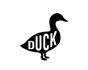 Duck black silhouette with lettering. Duck symbol. Canard bird silhouette. Farm bird icon isolated on white background.