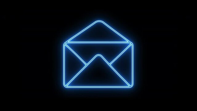4K Glowing Outline Style Envelope mail icon, isolated on black background. Mail, envelope, message flat icon. Glowing Led Light Mailbox e-mail business concept. Mail Message Icon Animation.