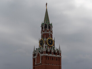 MOSCOW , RUSSIA, June 10, 2019: Ruby star on the spire of the Spasskaya Tower of the Moscow Kremlin on June 10, 2019 in Moscow, Russia