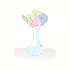 Vase with a bouquet in pastel colors in one line. Abstraction. watercolor effects