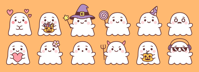 Set of cute ghosts cartoon kawaii Vector