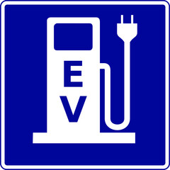 Blue and white vector graphic of an electric vehicle charging point sign