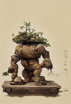 Stone Golem With Bonsai