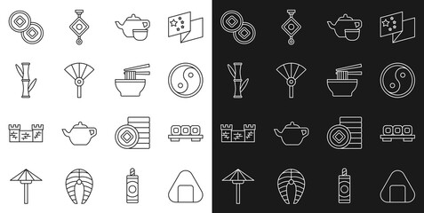 Set line Sushi, on cutting board, Yin Yang, Chinese tea ceremony, or japanese folding fan, Bamboo, Yuan currency and Asian noodles bowl icon. Vector