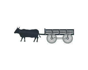 The traditional cow and cart silhouette design with isolated white background. black and white illustration
