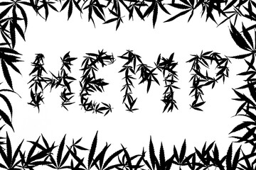 black and white inscription hemp from hemp leaves surrounded by a frame of marijuana leaves