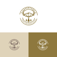 deer mountain logo with mountain on deer antlers. adventure community logo, outdoor apparel company logo, badge, sticker design