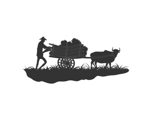 Farmer working loaded cart with hay. Bullock Cart silhouette. Bull and cart