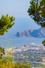 Altea town in Spain, aerial view. Sea, mountains and the town.