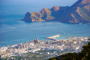Altea town in Spain, aerial view. Sea, mountains and the town.