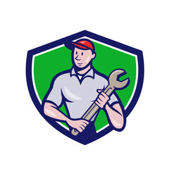 Mechanic Worker Standing Spanner Crest Cartoon