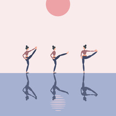 Sports support health and spiritual harmony, yoga three poses on the street near the water at noon.