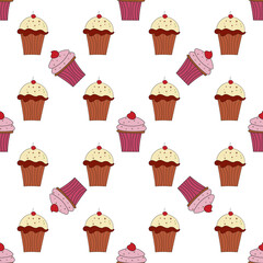 Chocolate and pink cake pattern on white background