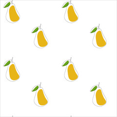 Pears one line, seamless pattern, drawn fruit with color spots. Organic simple icon.