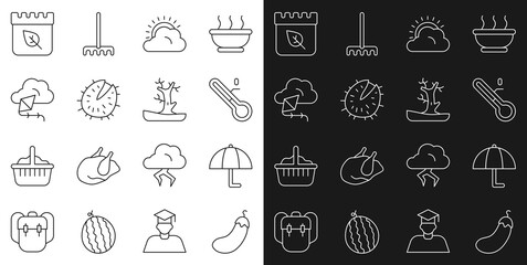 Set line Eggplant, Umbrella, Meteorology thermometer, Sun and cloud weather, Chestnut, Kite, Calendar with autumn leaves and Bare tree icon. Vector
