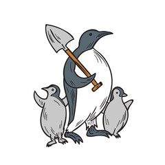 Penguin Holding Shovel With Chicks Drawing
