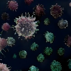 Fototapeta na wymiar Flu or HIV coronavirus floating in fluid microscopic view, infection
