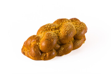 Tasty-looking braided jewish challah bread with lots of golden-colored crumble topping. Isolated on white background studio shot. Single baking product. High quality photo