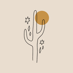 Minimalist modern line abstract wild cactus, contemporary meditative harmony landscape vintage desert Arizona concept. Vector and jpg printable image, unique boho clipart illustration, editable