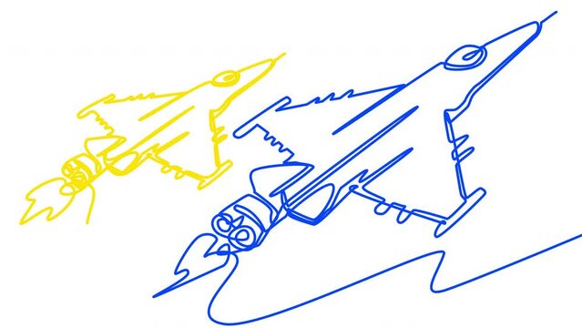 Self-drawing of two blue-yellow fighters in one line. The concept of military aviation of Ukraine. Minimalistic animation of flying military aircraft. Stock 4k video with alpha channel.