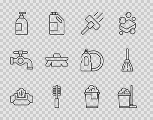 Set line Wet wipe pack, Mop and bucket, Vacuum cleaner, Toilet brush, Dishwashing liquid bottle, Brush for cleaning, Bucket with foam and Handle broom icon. Vector