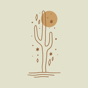 recommend clip art: Minimalist modern line abstract wild cactus, contemporary meditative harmony landscape vintage desert Arizona concept. Vector and jpg printable image, unique boho clipart illustration, editable