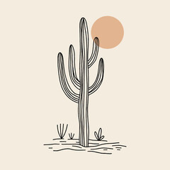 Modern abstract wild cactus silhouette, contemporary meditative harmony landscape minimalist vintage desert Arizona concept. Vector and jpg printable image, unique boho clipart illustration, editable