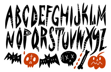 Halloween spooky horror scary funky font alphabet 1960s boho psychedelic style, isolated letters on white background. Vector and jpg printable image, unique boho clipart illustration, editable