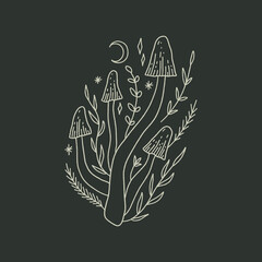 Witchcraft celestial mushrooms set, magical potion ingredients. Cartoon doodle style, woodland forest symbols. Vector and jpg printable image, unique boho clipart illustration, editable isolated