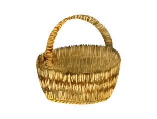 Watercolor illustration, basket for knitting. Drawing of a wicker basket.