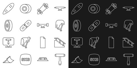 Set line Skateboard T tool, stairs with rail, helmet, Longboard or skateboard, Broken deck, ball bearing, and wheel icon. Vector