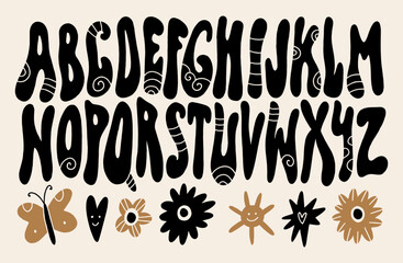 Hippie bohemian groovy postmodern funky font alphabet 1960s boho psychedelic style. Perfect for posters, collages, clothing, music albums and more. Vector clipart illustrations, isolated letters.